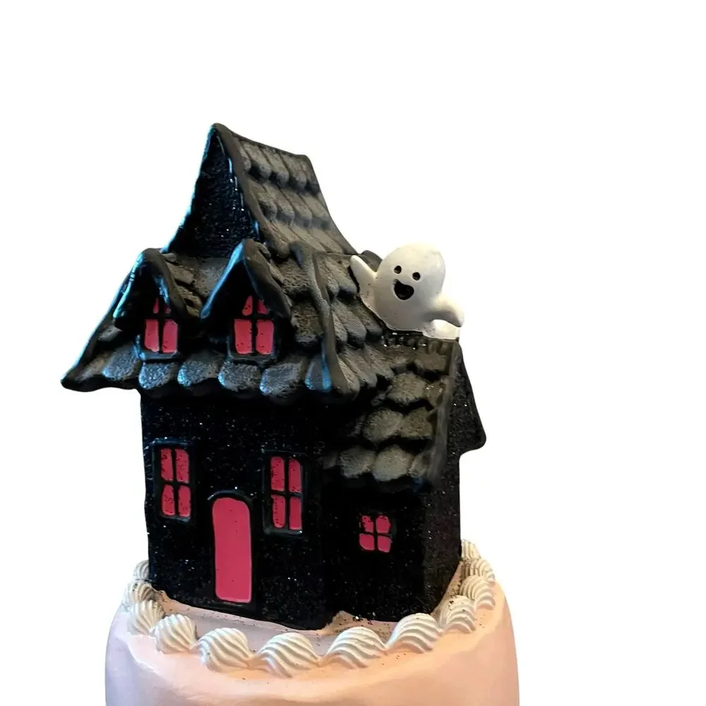 Viral Pink & Black Halloween Haunted House Faux Cake 22in Glitter Ghosts NEW